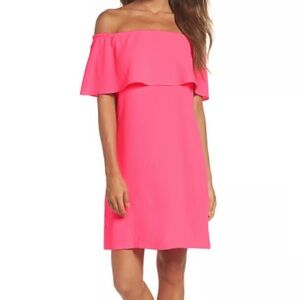 Charles Henry Off Shoulder Neon Pink Dress Small